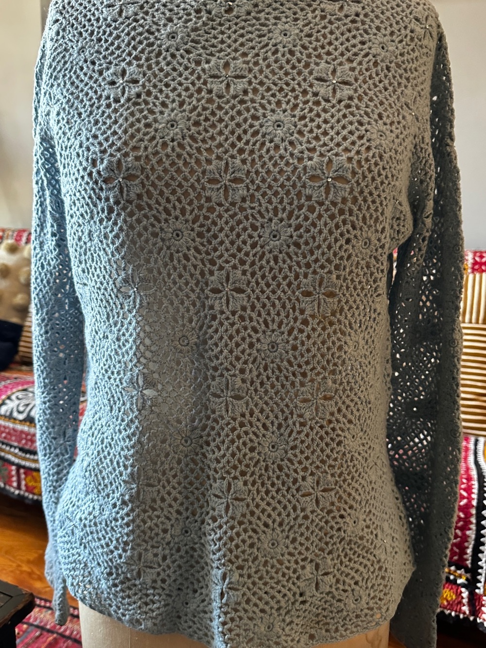 Light Blue Crochet-Pattern Women's Crewneck Sweater